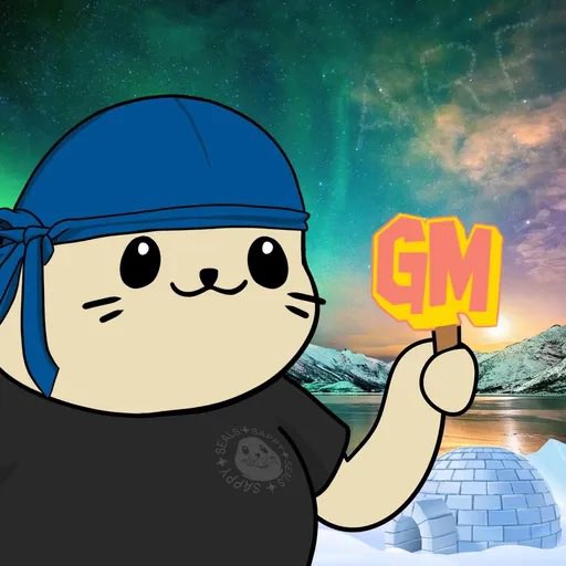 A cartoon illustration of a cat-like character wearing a blue bandana, holding a yellow and orange "GM" sign, with an aurora borealis and an igloo in the background.