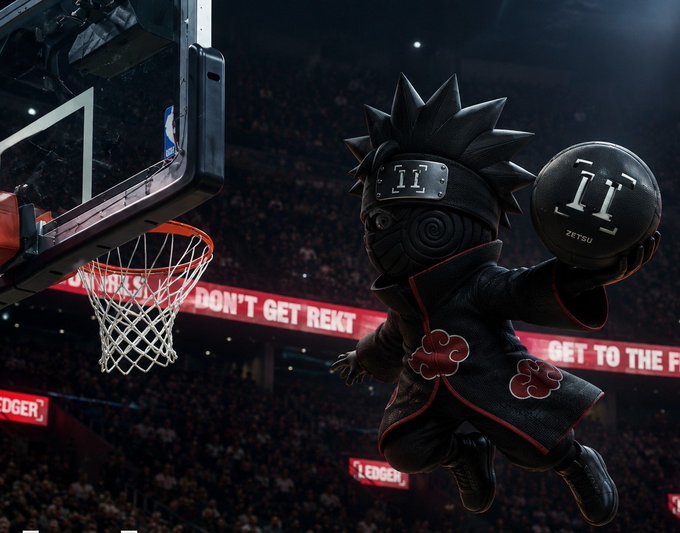 A chibi-style ninja figure wearing a black Akatsuki cloak with the "ii" logo prepares to dunk a basketball labeled "ii" and "ZETSU" into a hoop in a packed arena, with banners reading "DON'T GET REKT" and "GET TO THE F..." in the background. The image's bullish, hustle-driven sports imagery of a "legend" taking a shot pairs with the post's upbeat "Gm legends" message encouraging a successful week and promoting $ANSEM.