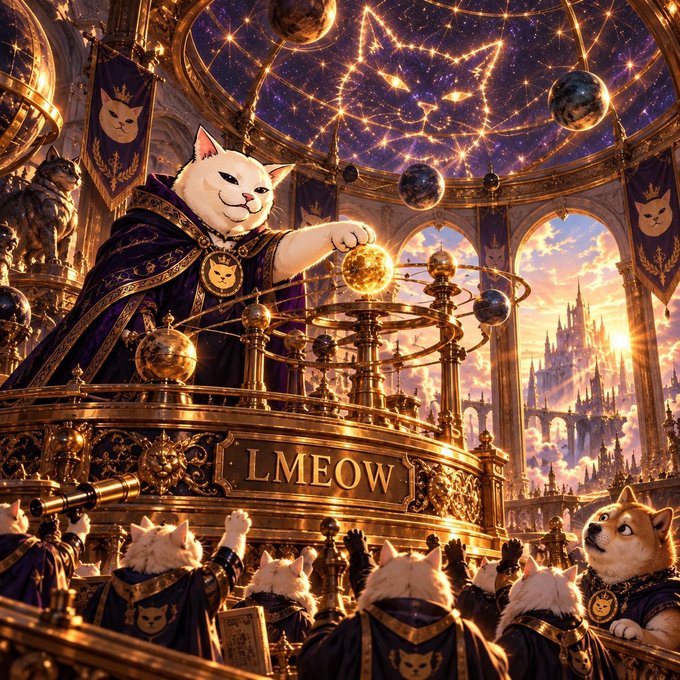 A fantasy digital artwork depicting a regal white cat in royal robes manipulating an ornate golden orrery in a grand celestial chamber, with the text 'LMEOW' on a golden plaque and an audience of cats and a dog below.