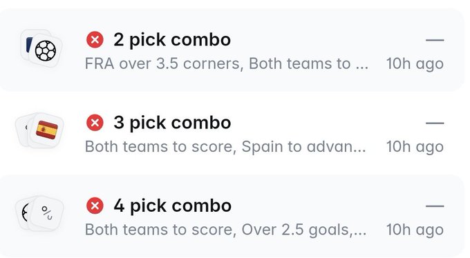 A sports betting app interface showing failed 2, 3, and 4 pick combos from 10h ago, with selections like 'FRA over 3.5 corners, Both teams to...', 'Both teams to score, Spain to advan...', and 'Both teams to score, Over 2.5 goals,...'.