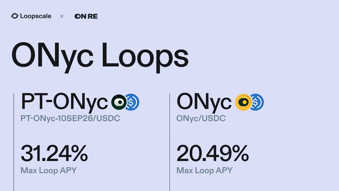 A Loopscale and ON RE partnership banner titled 'ONyc Loops' showing PT-ONyc with a max loop APY of 31.24% and ONyc with 20.49%.
