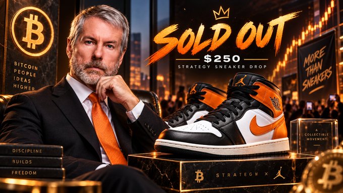 An advertisement displays 'SOLD OUT $250 STRATEGY SNEAKER DROP' alongside a man in a suit, with text including 'BITCOIN PEOPLE IDEAS HIGHER', 'MORE THAN SNEAKERS', 'DISCIPLINE BUILDS FREEDOM', and 'A COLLECTIBLE MOVEMENT'.