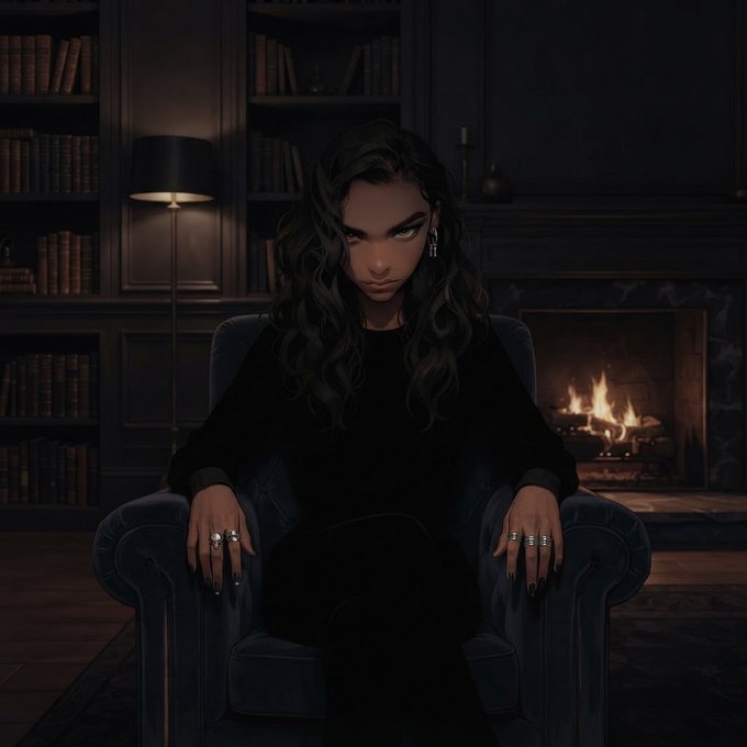 A woman with dark wavy hair and a serious expression sits in a velvet armchair in a dimly lit, moody library with a fireplace behind her, dressed in black and wearing multiple silver rings. The atmospheric, composed portrait suggests authority and intrigue, complementing the post's reflection on trusting AI with financial transactions like those enabled by MoonPay PayBox.