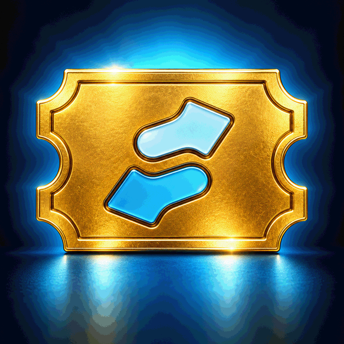 A 3D-rendered golden ticket or badge with an ornate decorative border, featuring a blue refresh/reload symbol in the center, set against a glowing blue gradient background.