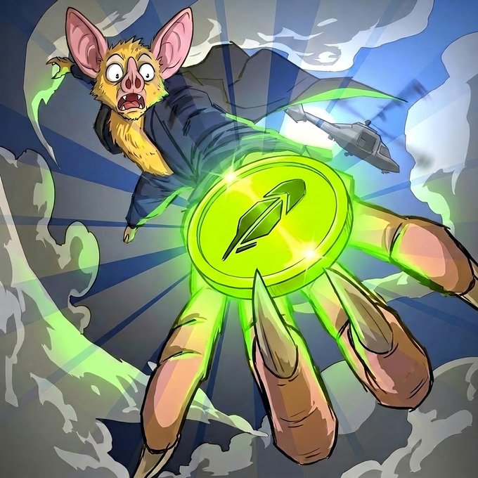 The image shows a panicked cartoon bat being grabbed by a giant, glowing green hand holding a coin with a rocket/arrow emblem (resembling a memecoin logo), with a fighter jet and stormy clouds in the background. The dramatic scene of the bat-character being seized by a massive crypto-themed hand visually echoes the post's sentiment that "the story is writing itself," suggesting an inevitable or cinematic turn of events unfolding.