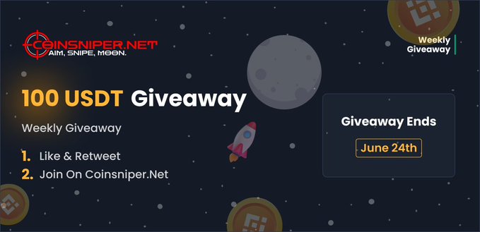 A space-themed promotional graphic for Coinsniper.net announcing a "100 USDT Weekly Giveaway," with instructions to like & retweet and join the platform, ending June 24th—matching the post announcing the previous week's winner and inviting participants to the new giveaway.