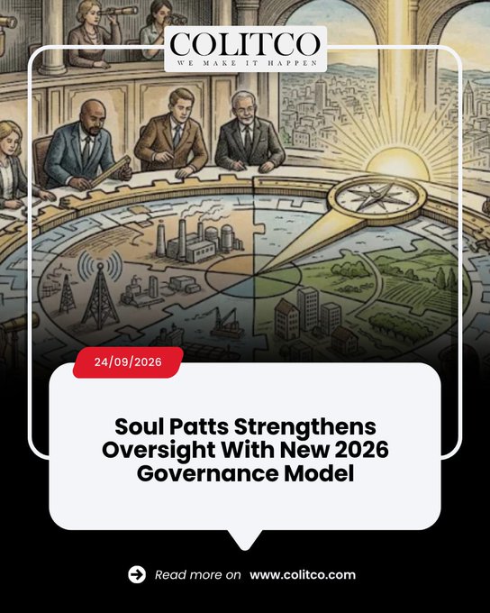 A promotional graphic from COLITCO featuring an illustration of officials at a round table with a compass and map, headlined 'Soul Patts Strengthens Oversight With New 2026 Governance Model' dated 24/09/2026.