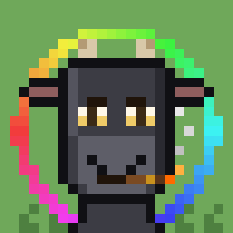 A pixel-art character depicting a dark gray goat or ram with yellow eyes, small horns, and a rainbow-colored glitch effect surrounding it on a green background.