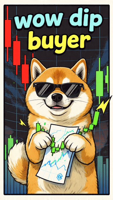 A trading meme featuring a cool Shiba Inu dog wearing sunglasses, holding a stock chart, with the text 'wow dip buyer' and candlestick charts in the background.