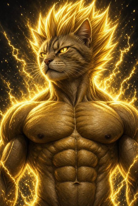 A digital illustration of a muscular anthropomorphic cat with spiky golden fur resembling a Super Saiyan, surrounded by glowing yellow energy and lightning.