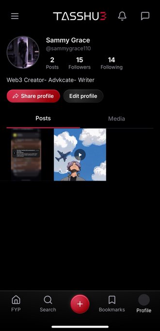 A screenshot of a Tasshub Web3 social media profile for user 'Sammy Grace' (@sammygrace110), displaying follower counts and recent posts.