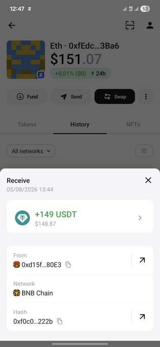 A mobile cryptocurrency wallet screenshot showing a 'Receive' notification for +149 USDT from address 0xd15f...80E3 on the BNB Chain network.