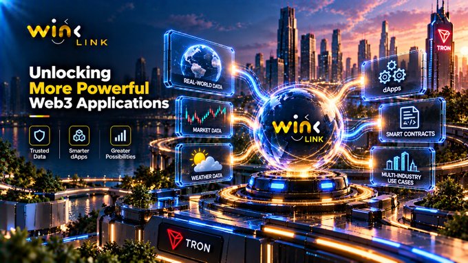 A futuristic cityscape promotional graphic for 'WIN LINK' showcasing Web3 applications, dApps, smart contracts, and TRON blockchain integration.