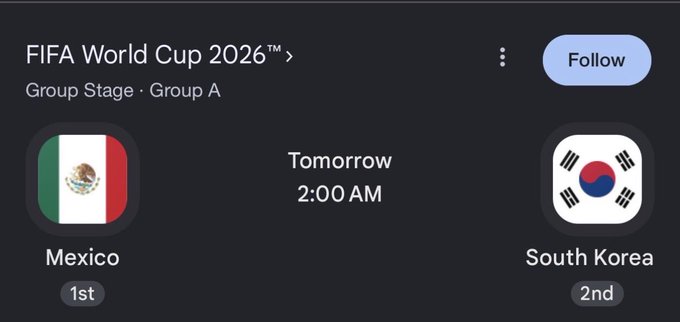 The image shows a black background with two text boxes containing information about a soccer match between Mexico and South Korea scheduled for tomorrow at 2:00 am. The text box displays the names of the teams, while the other text box provides details on the predicted score.