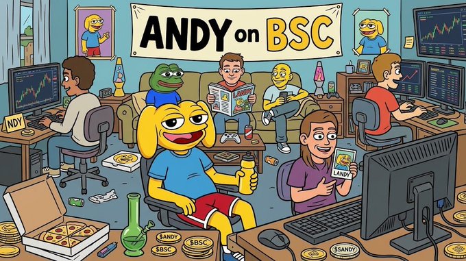 A cartoon illustration titled 'ANDY on BSC' showing various meme characters including Pepe and Andy the Dog working at computers, trading, and holding $ANDY tokens.