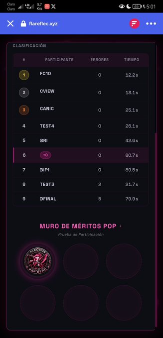 A mobile screenshot from flareflc.xyz showing a leaderboard titled 'CLASIFICACIÓN' with participants ranked by errors and time, and a section labeled 'MURO DE MÉRITOS POP'.