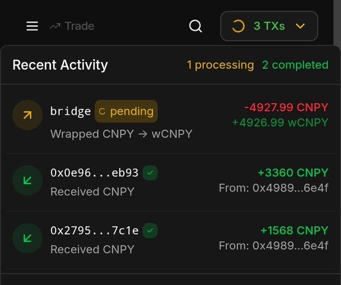 A dark-themed cryptocurrency transaction app shows 'Recent Activity' with one pending bridge from 'Wrapped CNPY → wCNPY' showing '-4927.99 CNPY / +4926.99 wCNPY', and two completed received CNPY transactions in green.