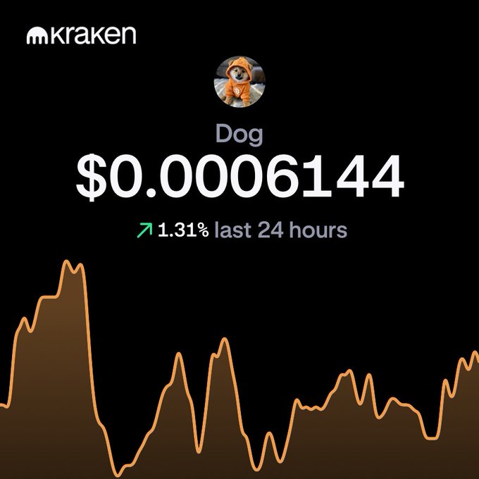 In the image, there's an animation of a dog wearing an orange vest, with its arms stretched out wide open like wings. The dog has a "Dog" image behind its ears, which matches one of the dogs being referred to on the post about trading cryptocurrency. The background of the image features bars representing different prices for Bitcoin over time, ranging from $63.3k to $1.