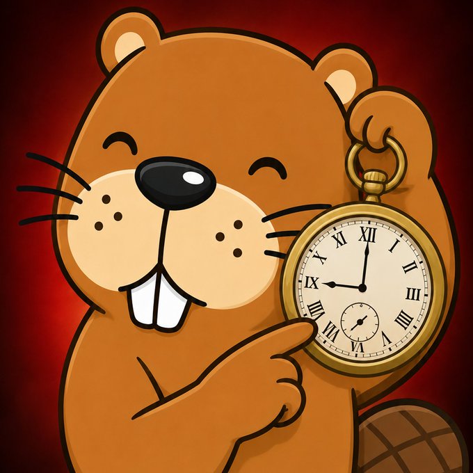 A cartoon illustration of a smiling beaver character holding up a gold pocket watch showing the time at approximately 9:00 against a dark red background.