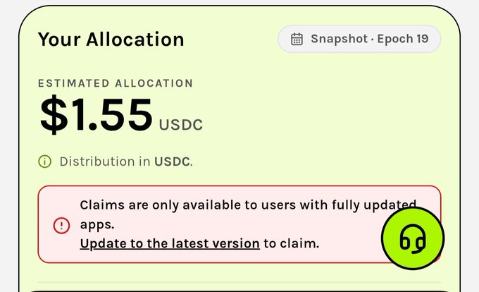 A digital interface showing 'Your Allocation' with an estimated $1.55 USDC distribution and a notification that claims require updating to the latest app version.