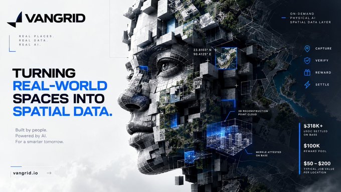 A VANGRID promotional graphic reading 'TURNING REAL-WORLD SPACES INTO SPATIAL DATA,' featuring a head made of architectural elements.