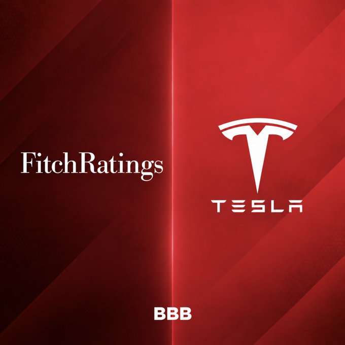 A split red graphic showing the Fitch Ratings logo on the left and the Tesla logo on the right, with 'BBB' displayed at the bottom center, indicating Tesla's credit rating.