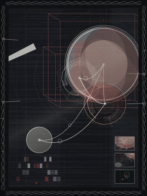 A dark, technical schematic poster featuring geometric shapes, spheres, and connecting lines in red and white against a black grid background.