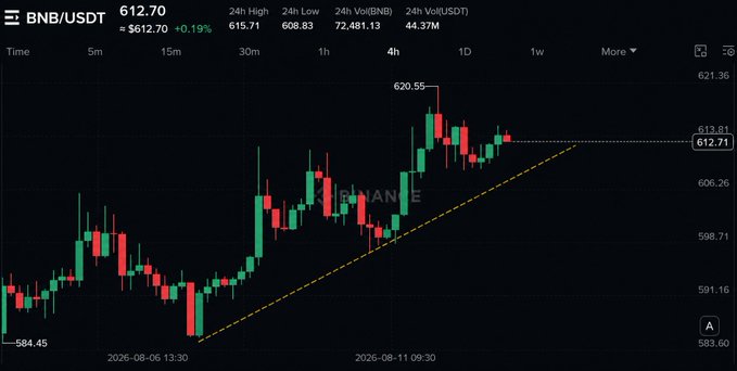 A 4-hour candlestick chart of BNB/USDT trading at $612.70 (+0.19%), showing a recent high of $620.55 and a yellow ascending trendline connecting higher lows, illustrating the make-or-break support level at ~$613 that the post references for potential downside toward $580 or a bullish continuation.