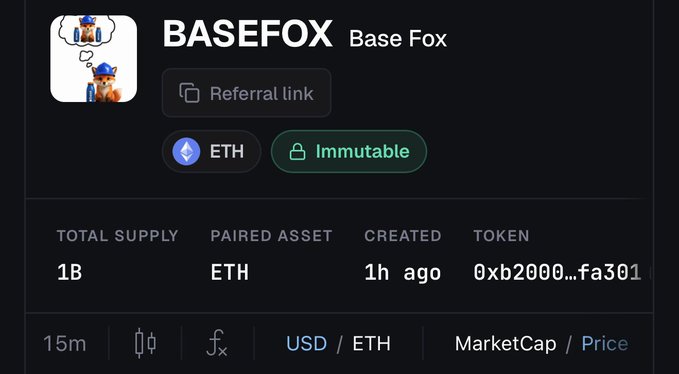 A cryptocurrency token information page displays BASEFOX (Base Fox) with a fox cartoon logo, showing details including a 1B total supply, ETH paired asset, created 1 hour ago, and token address 0xb2000...fa301.