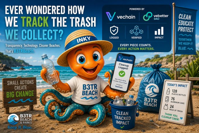 An orange octopus, wearing a straw hat and holding a water bottle, stands on a beach with a blue banner promoting ocean cleanup efforts.