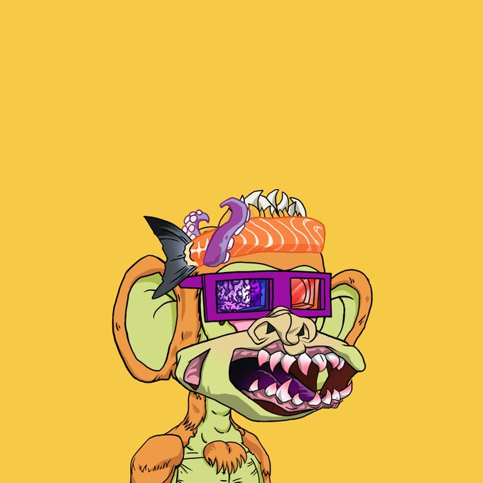 A cartoon illustration features a zombie monkey with a wide toothy grin, wearing purple 3D glasses, with sushi (salmon, tuna, and fish roe) stacked on its head.
