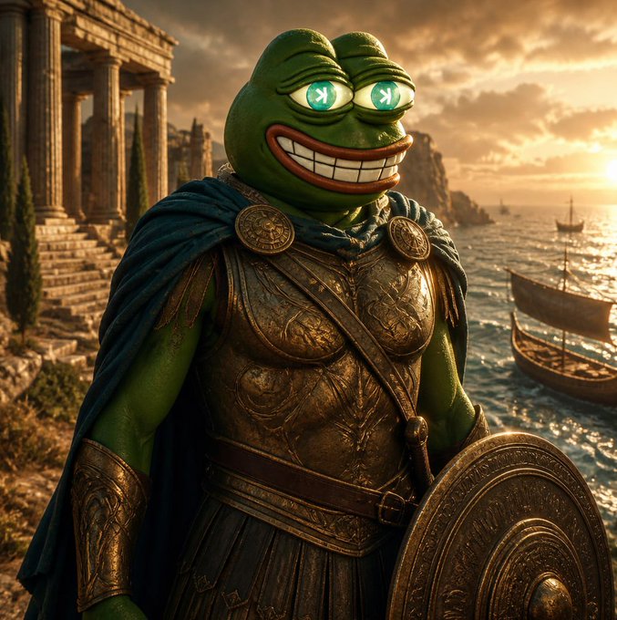 A digitally created image shows a frog character with a wide grin, dressed in golden armor and a dark cape, standing in an ancient coastal setting.