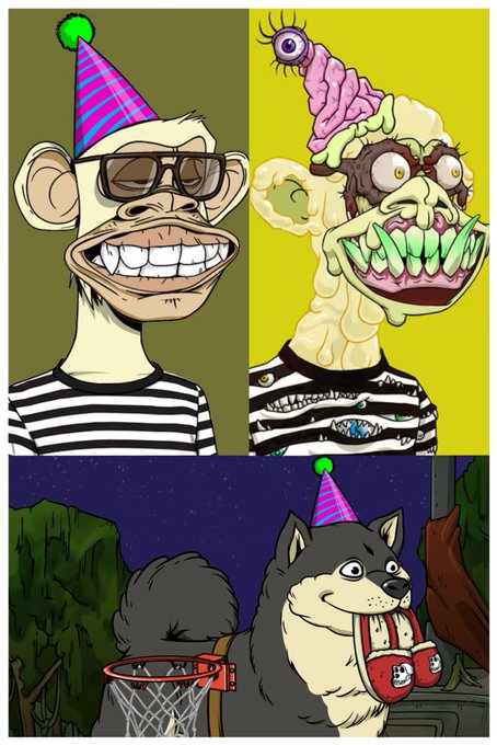 The image shows a four-panel illustration featuring a cartoon monkey character with a pink and blue striped party hat and sunglasses, shown before and after a zombie transformation, along with a cartoon Shiba Inu dog wearing the same party hat and holding life preservers in its mouth. The artwork depicts the requested Bored Ape NFT character alongside its matching dog companion in a vibrant, cartoonish art style.
