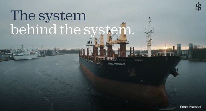 A dramatic image of a large cargo ship named 'ETHRA WARRI' in a harbor with the text 'The system behind the system.' and 'EthraProtocol' logo, presented as marketing for the Ethra Protocol.