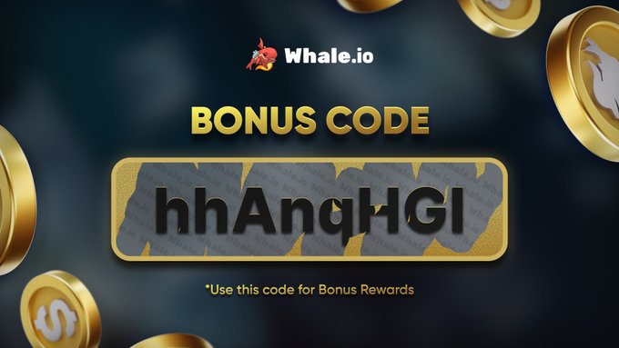 The image is a Whale.io promotional graphic displaying the bonus code "hhAnqHGl" in large text, framed by floating gold coins and the instruction "*Use this code for Bonus Rewards." This visually reinforces the accompanying post's "WHALE FRIDAY" promotion, highlighting the bonus code that unlocks a $10 reward, weekly/monthly bonuses, and cashback offers.