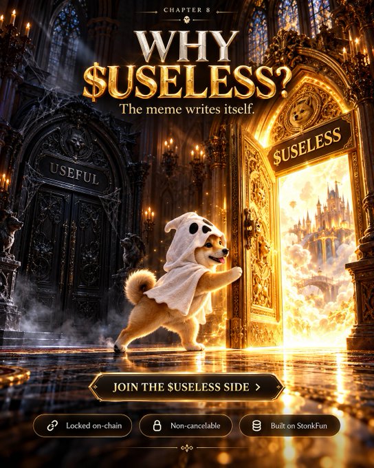 A meme-style image titled 'CHAPTER 8 WHY $USELESS? The meme writes itself' shows a dog wearing a white hooded outfit between two ornate doors labeled 'USEFUL' and '$USELESS', with buttons at the bottom reading 'JOIN THE $USELESS SIDE', 'Locked on-chain', 'Non-cancelable', and 'Built on StonkFun'.