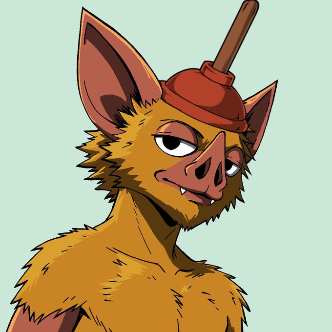 An anthropomorphic bat character with a plunger stuck to its head looks unimpressed against a mint green background. The image humorously illustrates the post's disappointment, with the "plunger-headed" creature serving as a tongue-in-cheek mascot for the "2,222 hoodrats" left despite the project's impressive follower and holder milestones.