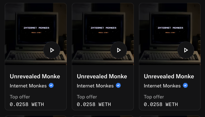 A screenshot showing three identical NFT listings for 'Unrevealed Monke' from the 'Internet Monkes' collection, each with a top offer of 0.0258 WETH.