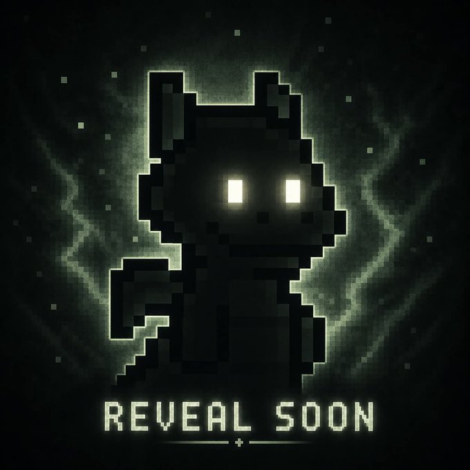 A pixel art style image featuring a dark silhouette of a small character with glowing white eyes, surrounded by green mist, with the text 'REVEAL SOON' below.