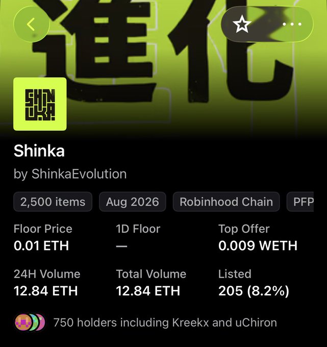 A mobile app interface displays an NFT collection page for 'Shinka' by 'ShinkaEvolution' on the Robinhood Chain, showing a floor price of 0.01 ETH and a 24H volume of 12.84 ETH.