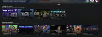 A dark screenshot of a game marketplace interface displaying titles including 'INKHOUNDS', 'HYPER APES', 'DREAMCRAFT', 'WICKED WARS', and 'NIGHT BLOCKER'.