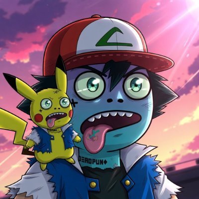 A digital cartoon illustration of a stylized character with blue skin, big eyes, a tongue piercing, and a cap, holding a Pikachu-like creature against a pink sunset sky.