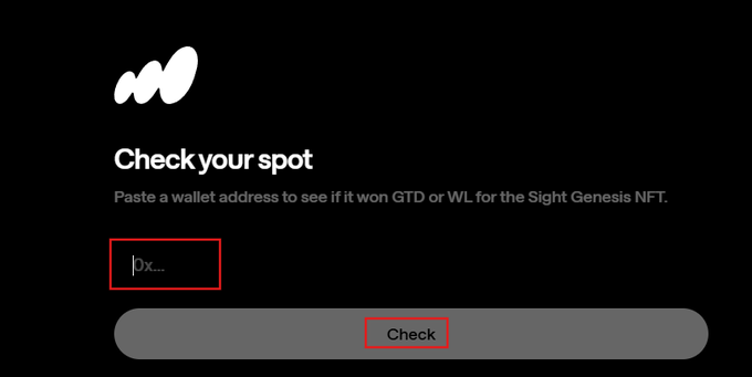 A user enters their wallet address into the "Check your spot" field on the Sight Genesis NFT eligibility checker, with a greyed-out "Check" button below, as referenced in the post directing users to quest.sighthood.com/check to verify their GTD or Whitelist status.