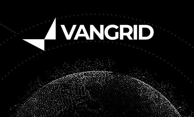 A sleek black graphic displays the white 'VANGRID' logo with a geometric icon, positioned above a stylized sphere made of scattered white dots.