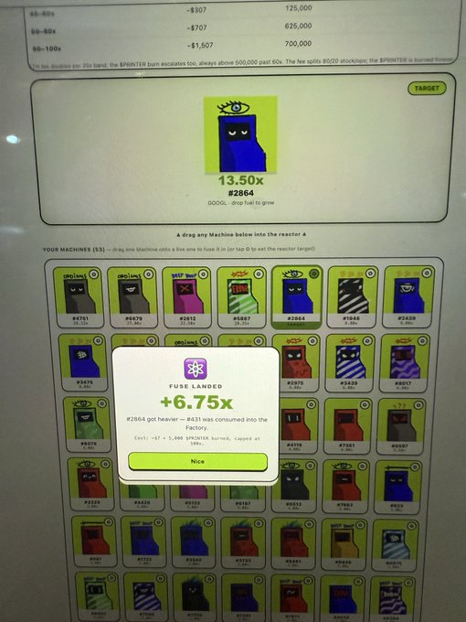 A screenshot of a game interface showing a 'SPRINTER' target (13.50x, #2864) and a grid of user machines, with a pop-up notification reading 'FUSE LANDED +6.75x'.