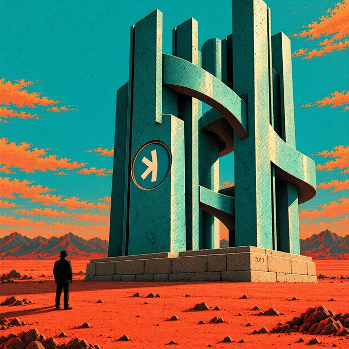 A surreal digital artwork showing a lone figure in a hat standing before a massive teal geometric monument with a Bitcoin symbol, set in a red desert landscape with orange clouds.