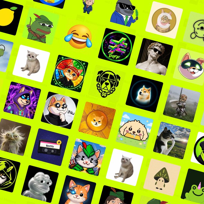 A bright yellow-green background displays a grid collage of various meme tokens and characters, including Pepe the Frog, cat images, Pepe variants, and a laughing emoji with tears.