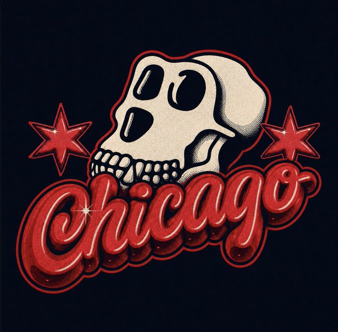 A stylized red and cream graphic featuring a BAYC (Bored Ape Yacht Club) skull above the word "Chicago" in bubbly red script, flanked by two six-pointed stars reminiscent of the Chicago flag—recolored from the original orange design to red in tribute to the Bulls.