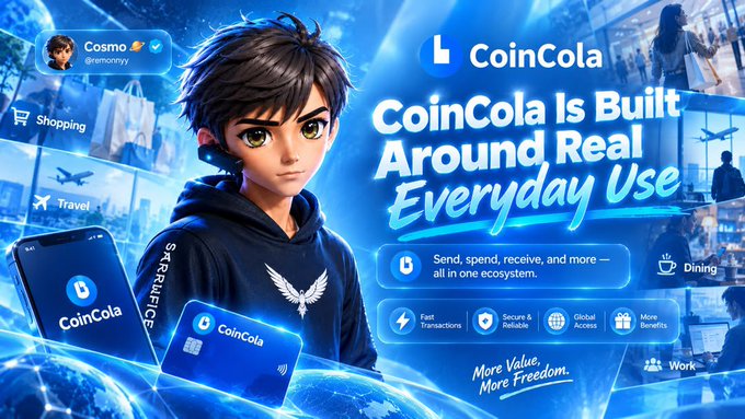A promotional graphic for "CoinCola" featuring an anime-style character, with text reading "CoinCola Is Built Around Real Everyday Use" and icons for shopping, travel, and dining.