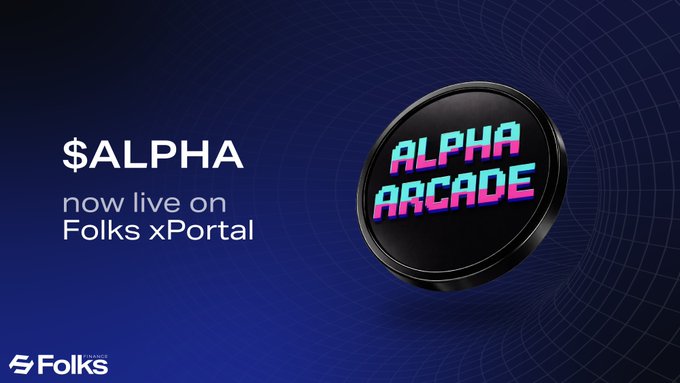 A promotional graphic announcing '$ALPHA now live on Folks xPortal' featuring a neon-styled 'ALPHA ARCADE' circular logo against a dark blue grid background.